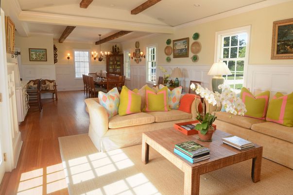 Chandelier, Dining room, Fireplace, Interior, Living room, Recessed Lighting, Wooden Beams, Wood Texture Flooring