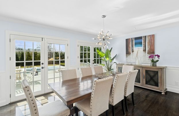 Dining room, Interior, Pendant Lights, Recessed Lighting, Wood Texture Flooring