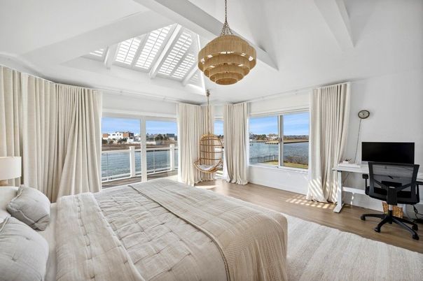 Bedroom, Chandelier, Home Office, Interior, Water, Wood Texture Flooring