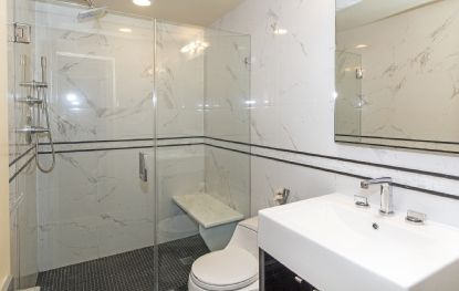 Bathroom, Glass Shower, Interior, Marble Walls, Recessed Lighting