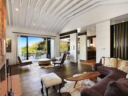 Fireplace, Interior, Living room, Pendant Lights, Recessed Lighting, Stone Walls, Wood Texture Flooring