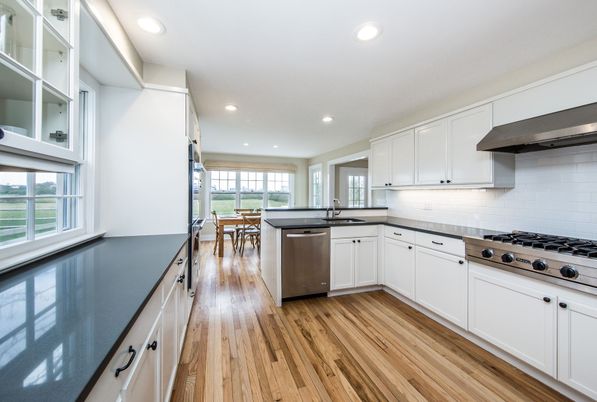 Dining room, Interior, Kitchen, Recessed Lighting, Stainless Steel Appliances, Wood Texture Flooring