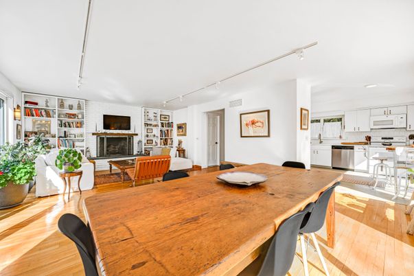 Dining room, Fireplace, Interior, Kitchen, Living room, Stone Walls, Wood Texture Flooring