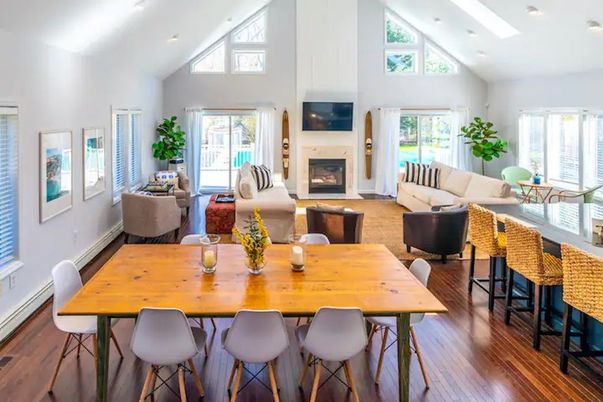 Dining room, Fireplace, Interior, Living room, Recessed Lighting, Wood Texture Flooring