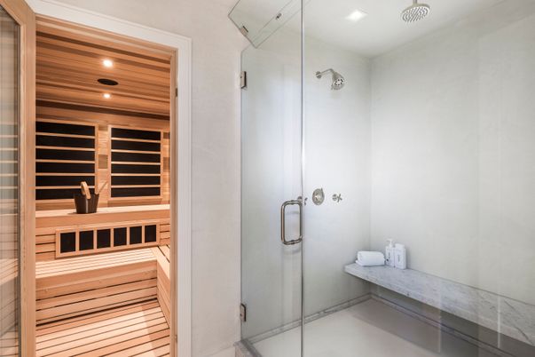 Bathroom, Glass Shower, Interior, Recessed Lighting, Sauna Room