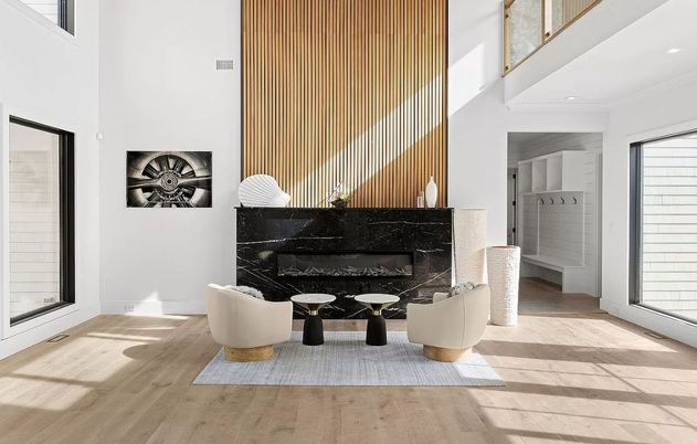 Fireplace, Interior, Recessed Lighting, Wood Texture Flooring