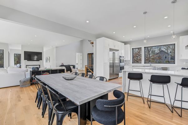 Dining room, Interior, Kitchen, Living room, Pendant Lights, Recessed Lighting, Stainless Steel Appliances, Wood Texture Flooring