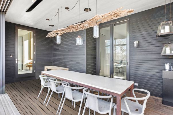 Dining room, Interior, Pendant Lights, Wood Texture Flooring