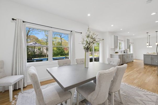Dining room, Interior, Kitchen, Pendant Lights, Recessed Lighting, Wood Texture Flooring