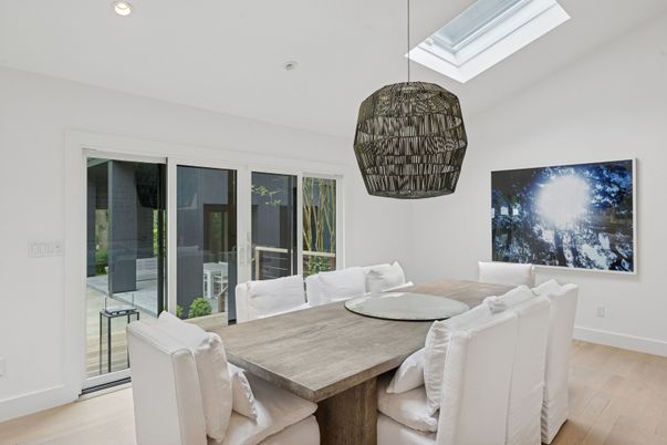 Dining room, Interior, Pendant Lights, Recessed Lighting, Wood Texture Flooring