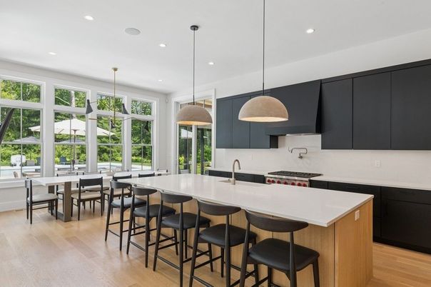 Dining room, Interior, Kitchen, Pendant Lights, Recessed Lighting, Wood Texture Flooring