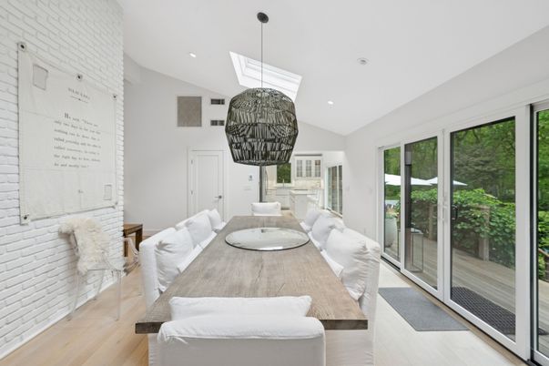 Dining room, Interior, Pendant Lights, Recessed Lighting, Wood Texture Flooring