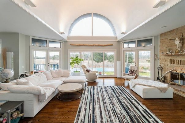 Fireplace, Interior, Living room, Stone Walls, Water, Wood Texture Flooring