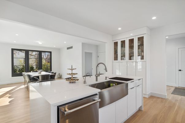 Dining room, Interior, Kitchen, Recessed Lighting, Stainless Steel Appliances, Wood Texture Flooring