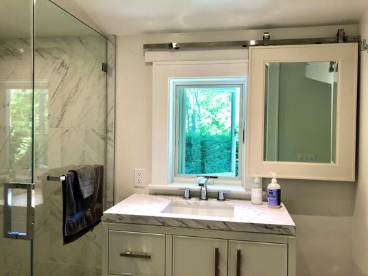 Bathroom, Glass Shower, Interior, Marble Walls