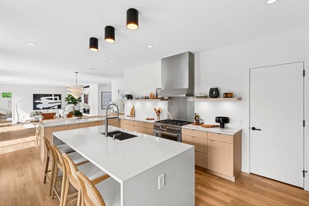 Interior, Kitchen, Pendant Lights, Recessed Lighting, Stainless Steel Appliances, Wood Texture Flooring