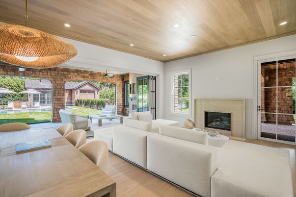 Fireplace, Interior, Living room, Recessed Lighting, Stone Walls, Wooden Ceilings, Wood Texture Flooring