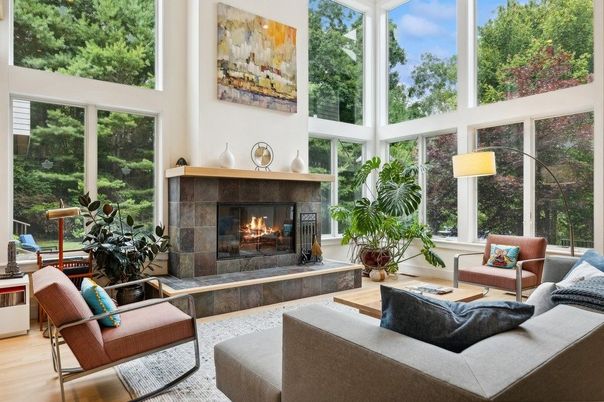 Fireplace, Interior, Living room, Sun Room, Wood Texture Flooring