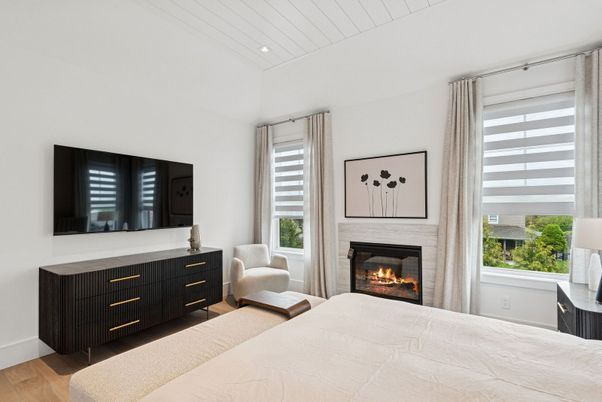 Bedroom, Fireplace, Interior, Recessed Lighting, Wood Texture Flooring