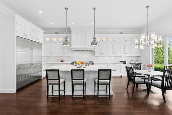 Dining room, Interior, Kitchen, Pendant Lights, Recessed Lighting, Wood Texture Flooring