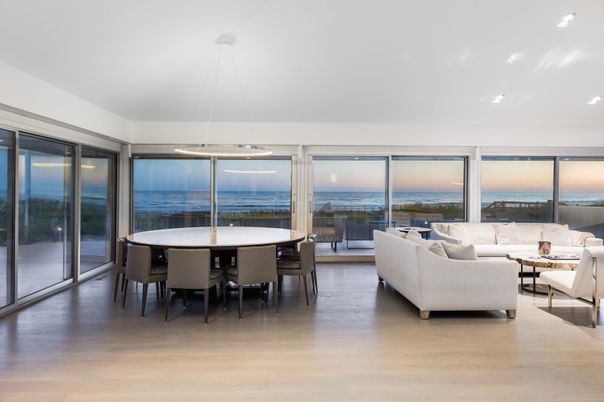 Dining room, Interior, Living room, Pendant Lights, Recessed Lighting, Water, Wood Texture Flooring