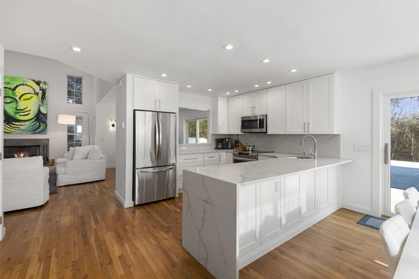 Fireplace, Interior, Kitchen, Living room, Recessed Lighting, Stainless Steel Appliances, Wood Texture Flooring