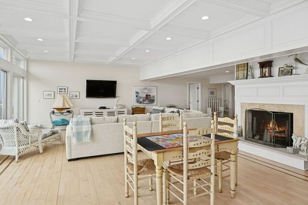 Dining room, Fireplace, Interior, Living room, Recessed Lighting, Wood Texture Flooring