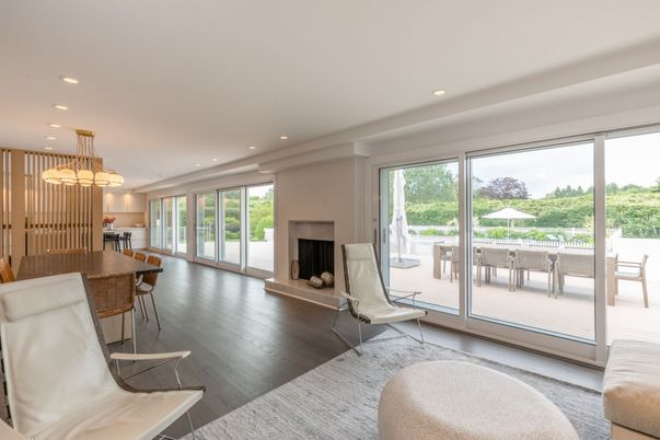 Fireplace, Interior, Pendant Lights, Recessed Lighting, Wood Texture Flooring
