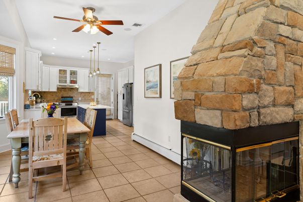 Dining room, Interior, Kitchen, Pendant Lights, Recessed Lighting, Stainless Steel Appliances, Stone Walls