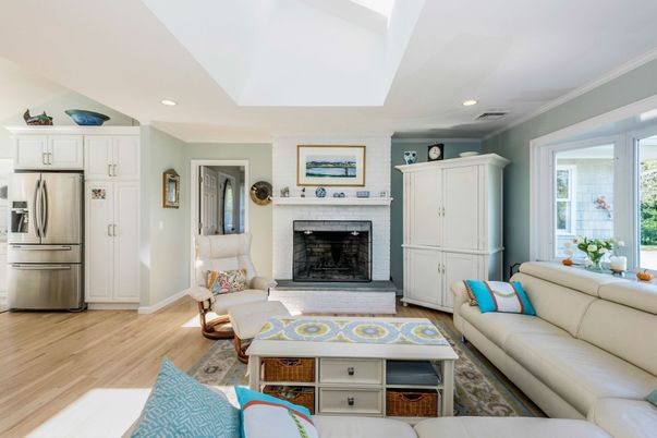 Fireplace, Interior, Kitchen, Living room, Recessed Lighting, Stainless Steel Appliances, Wood Texture Flooring
