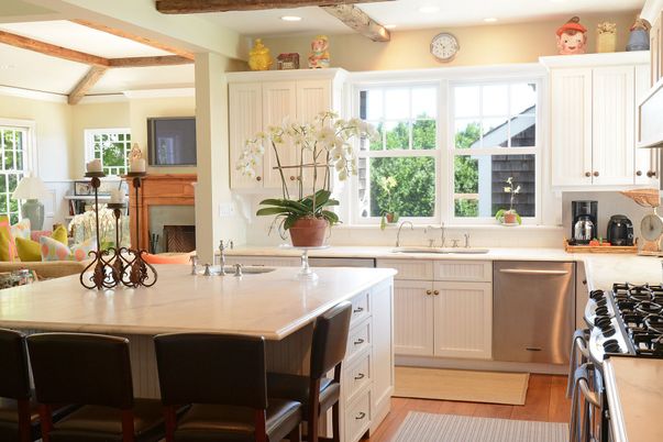 Fireplace, Interior, Kitchen, Recessed Lighting, Stainless Steel Appliances, Wooden Beams, Wood Texture Flooring