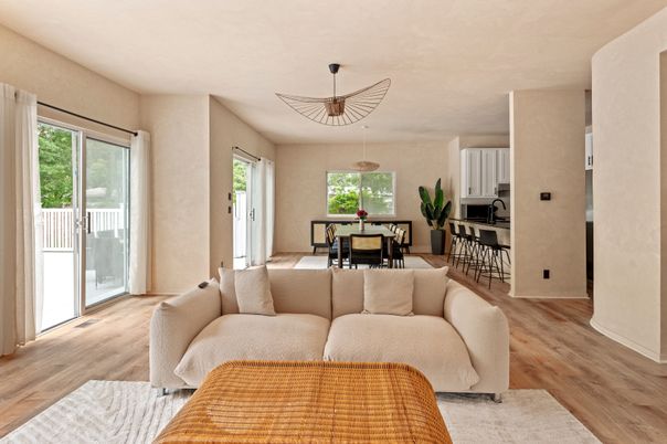 Dining room, Interior, Living room, Pendant Lights, Wood Texture Flooring
