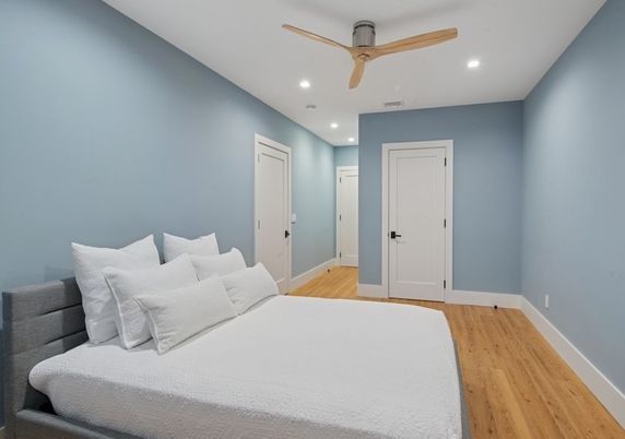Bedroom, Interior, Recessed Lighting, Wood Texture Flooring