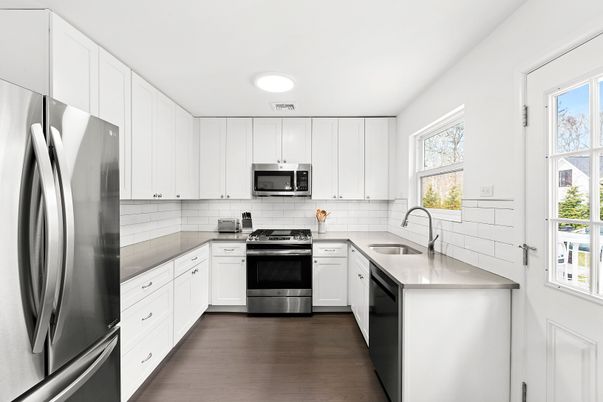 Interior, Kitchen, Recessed Lighting, Stainless Steel Appliances, Wood Texture Flooring