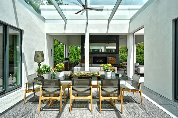 Dining room, Fireplace, Glass Ceilings, Interior, Sun Room