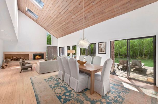 Dining room, Fireplace, Interior, Living room, Pendant Lights, Wooden Ceilings, Wood Texture Flooring