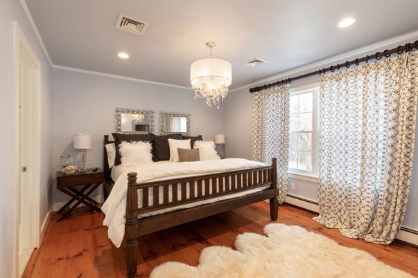 Bedroom, Chandelier, Interior, Recessed Lighting, Wood Texture Flooring