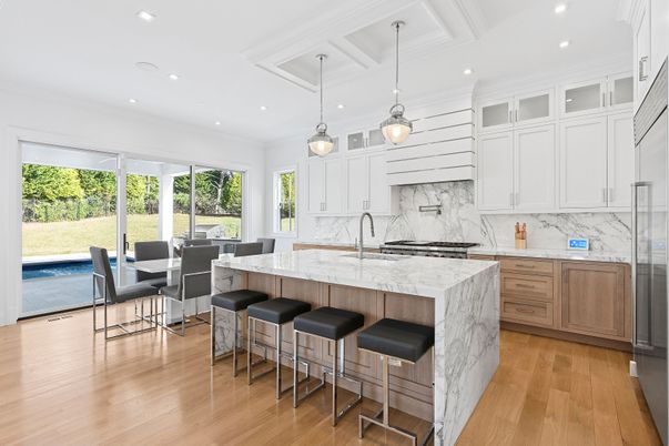 Dining room, Interior, Kitchen, Marble Walls, Pendant Lights, Recessed Lighting, Wood Texture Flooring
