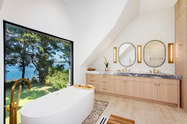 Bathroom, Dual Sink Vanities, Free Standing Baths, Interior, Wood Texture Flooring