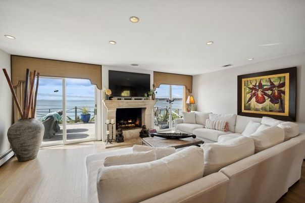 Fireplace, Interior, Living room, Recessed Lighting, Water, Wood Texture Flooring