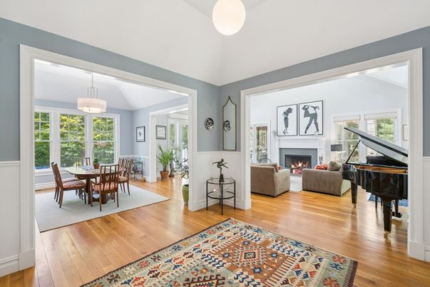Dining room, Fireplace, Interior, Living room, Pendant Lights, Piano, Wood Texture Flooring