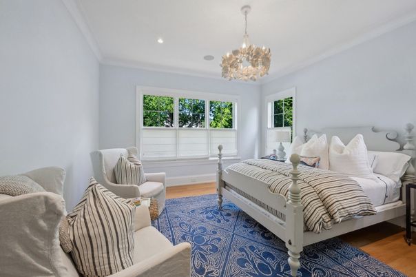 Bedroom, Chandelier, Interior, Recessed Lighting, Wood Texture Flooring