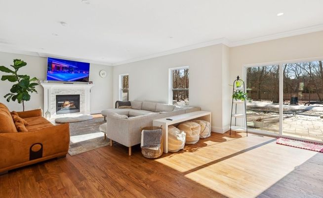 Fireplace, Interior, Living room, Recessed Lighting, Wood Texture Flooring