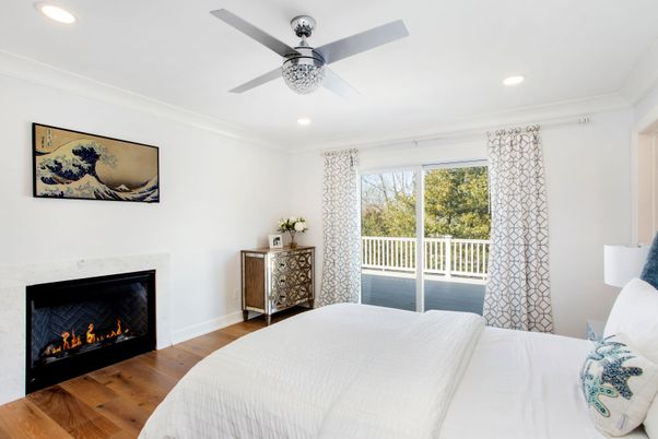 Bedroom, Fireplace, Interior, Recessed Lighting, Wood Texture Flooring