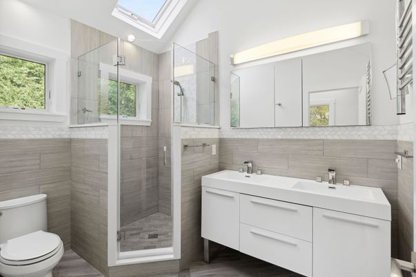 Bathroom, Dual Sink Vanities, Glass Shower, Interior, Wood Texture Flooring
