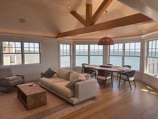 Dining room, Interior, Living room, Pendant Lights, Recessed Lighting, Water, Wooden Beams, Wooden Ceilings, Wood Texture Flooring