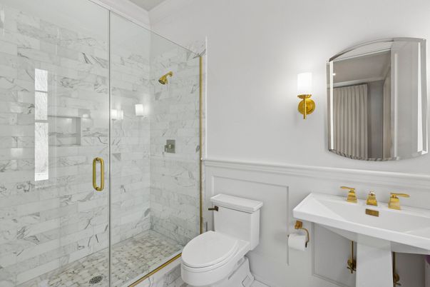 Bathroom, Glass Shower, Interior, Marble Walls