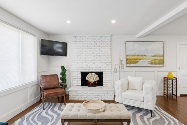Fireplace, Interior, Recessed Lighting, Stone Walls, Wood Texture Flooring