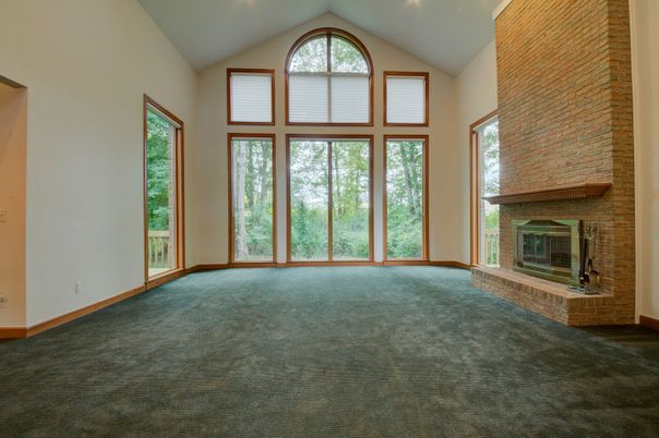 Empty room, Fireplace, Interior, Recessed Lighting, Stone Walls