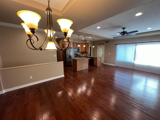 Chandelier, Interior, Kitchen, Pendant Lights, Recessed Lighting, Wood Texture Flooring